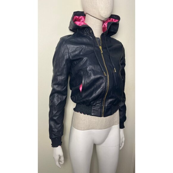 JUICY COUTURE LAMBSKIN LEATHER NAVY HOODIE JACKET XS - Picture 1 of 16